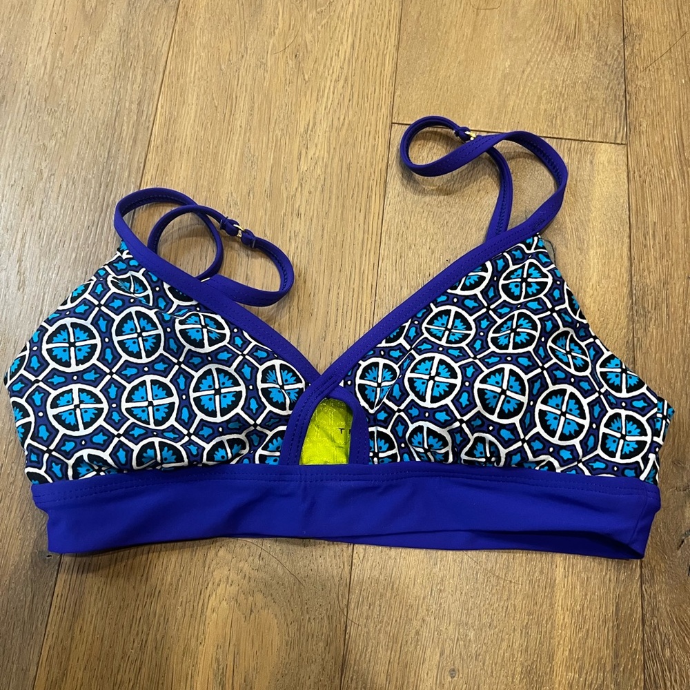 Trina Turk Blue Geometric Print Sports Bra with Purple Trim